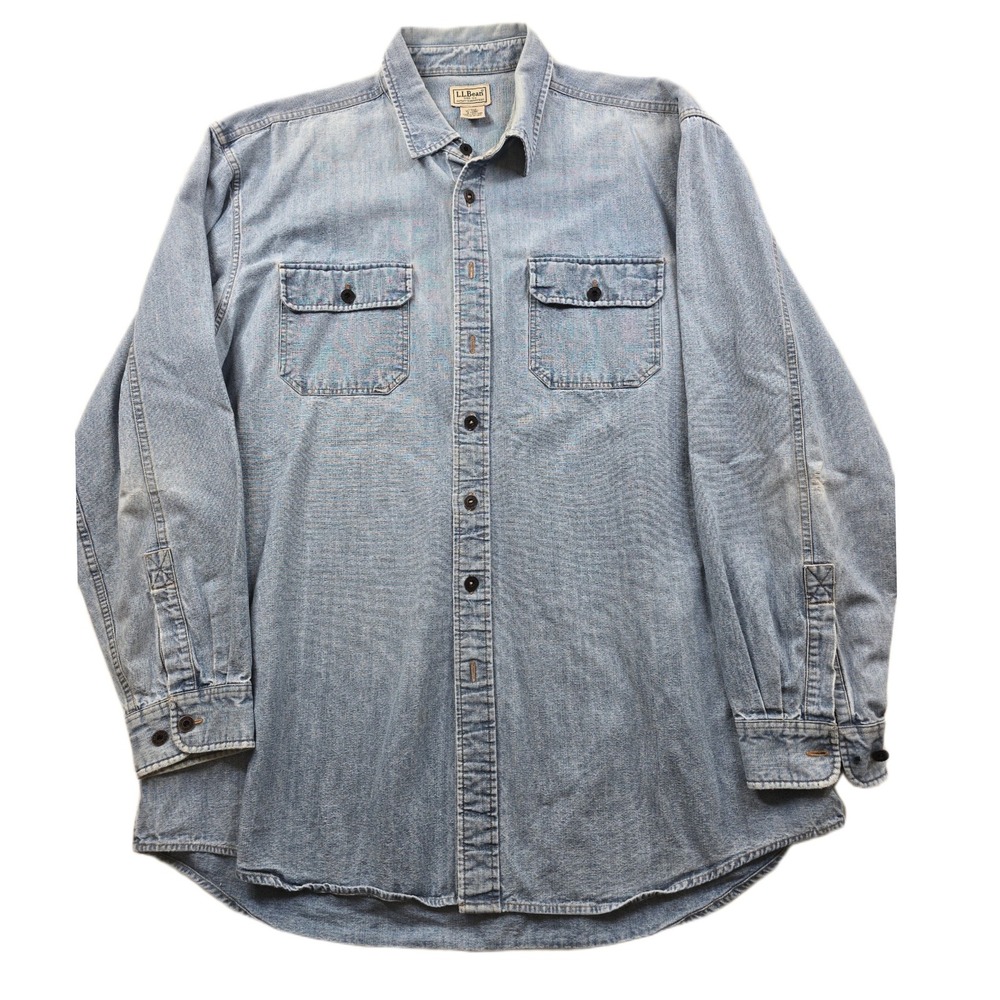 Vintage LL Bean Denim Shirt Mens XLT XL-Tall Faded Blue Metal Buttons (Missing)